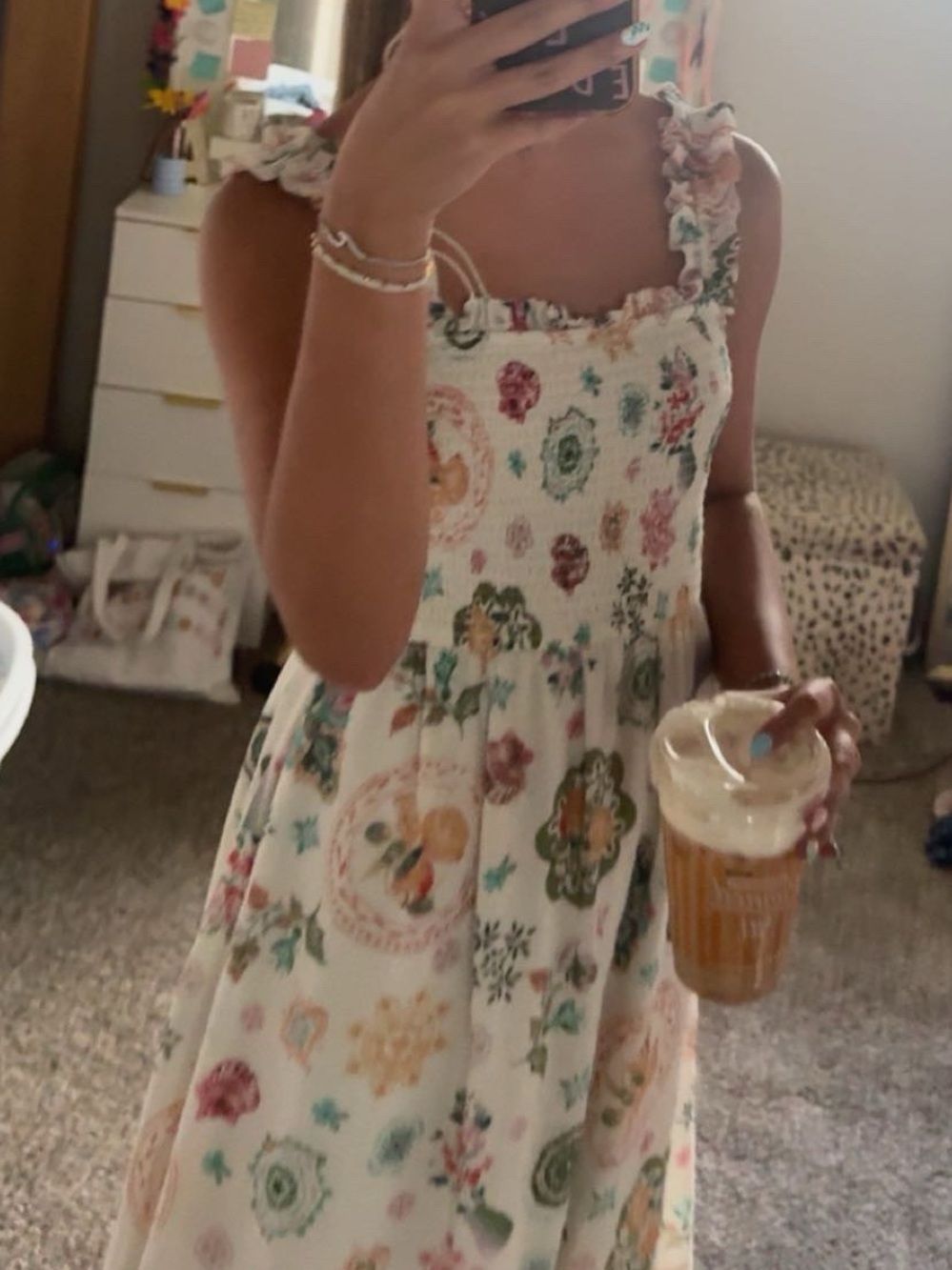mine White Floral Smocked Sundress with Ruffle Straps